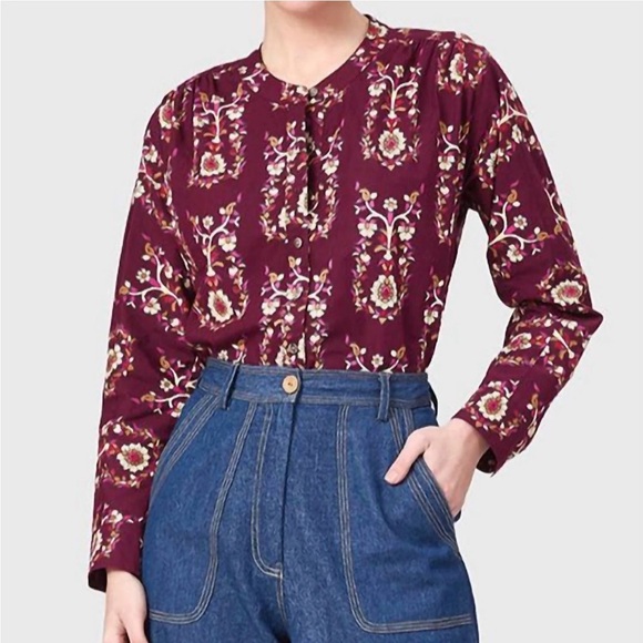 Livro Tops - Livro-NWT Bradley Women's Floral Button-Front Blouse - Burgundy